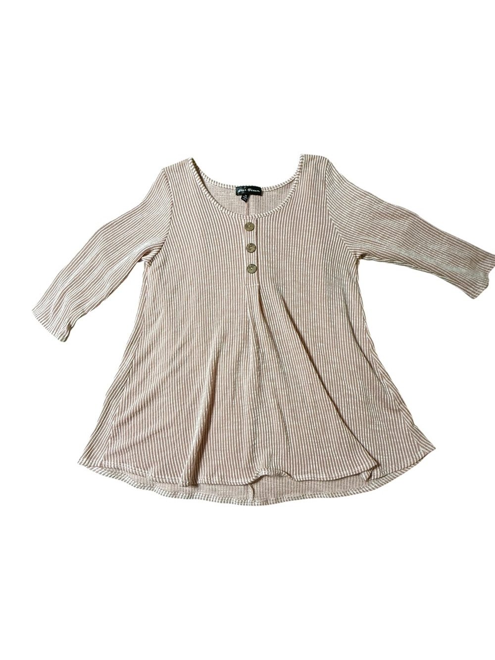 Star Vixen Striped Tunic Top Tan White 3/4 Sleeve Button Up 1X Textured